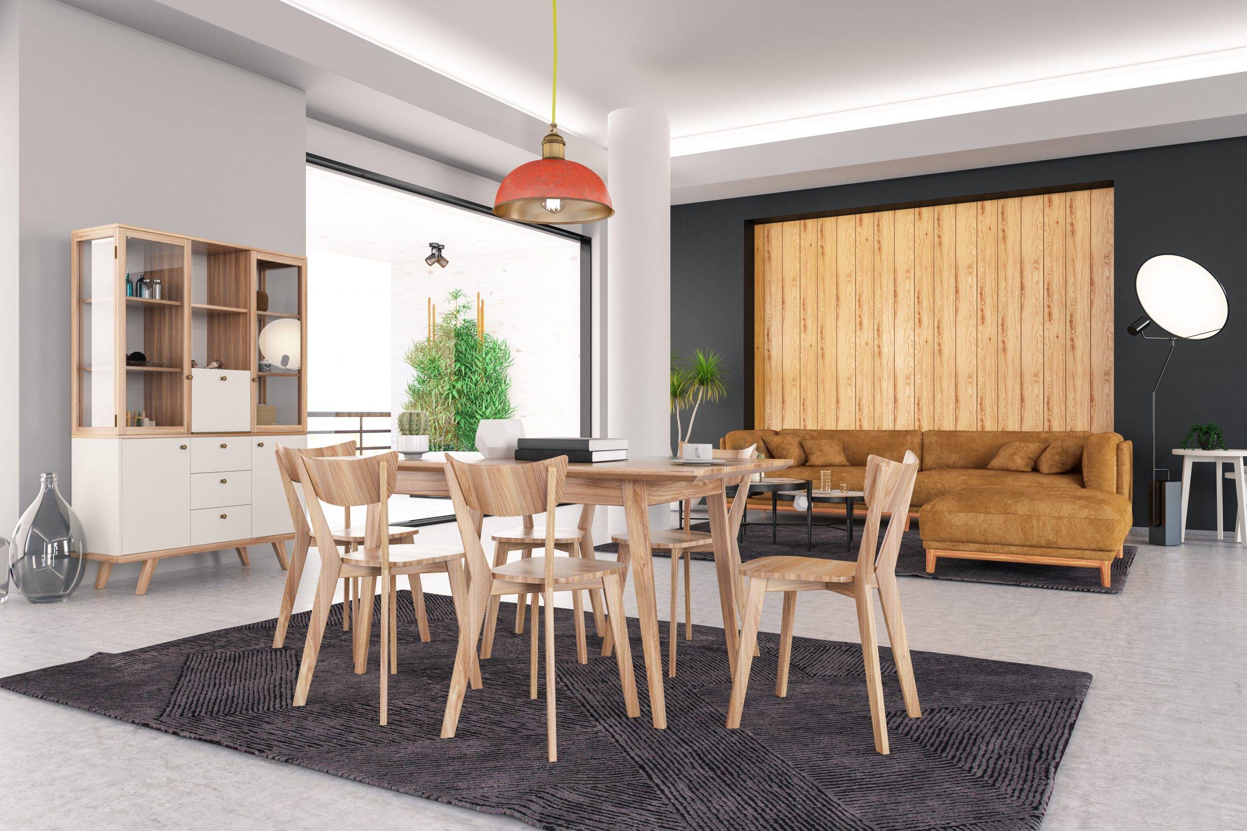 Modern living room with dining table. 3D rendered. 
