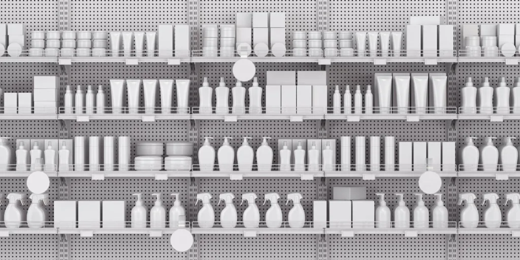 Shelf with containers and soap dispensers