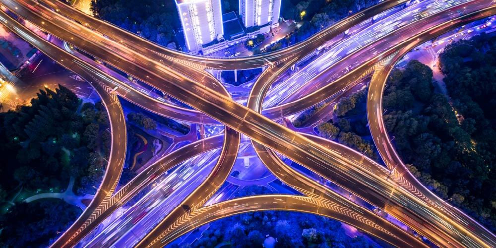 busy elevated road junction at night