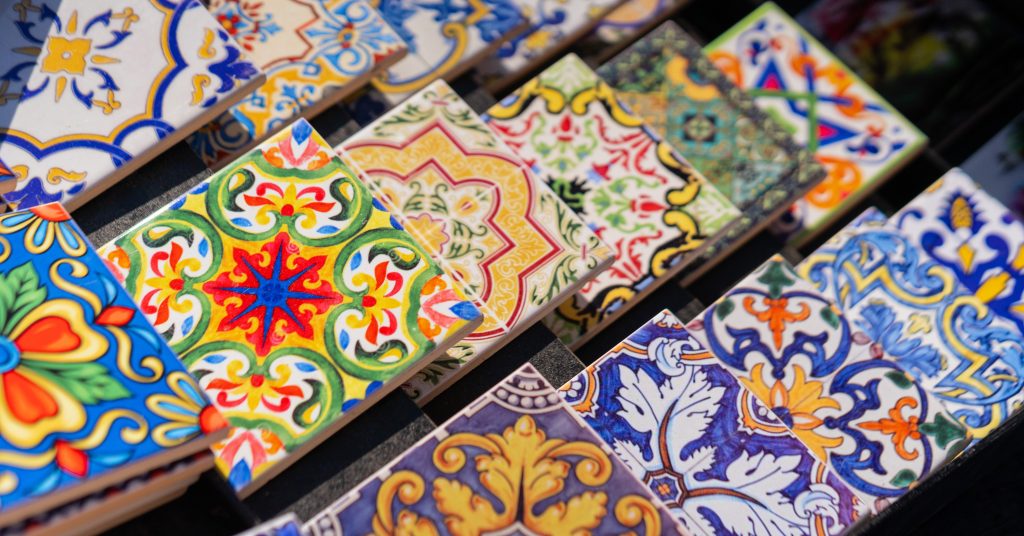 colorful tiles on sale at market stall