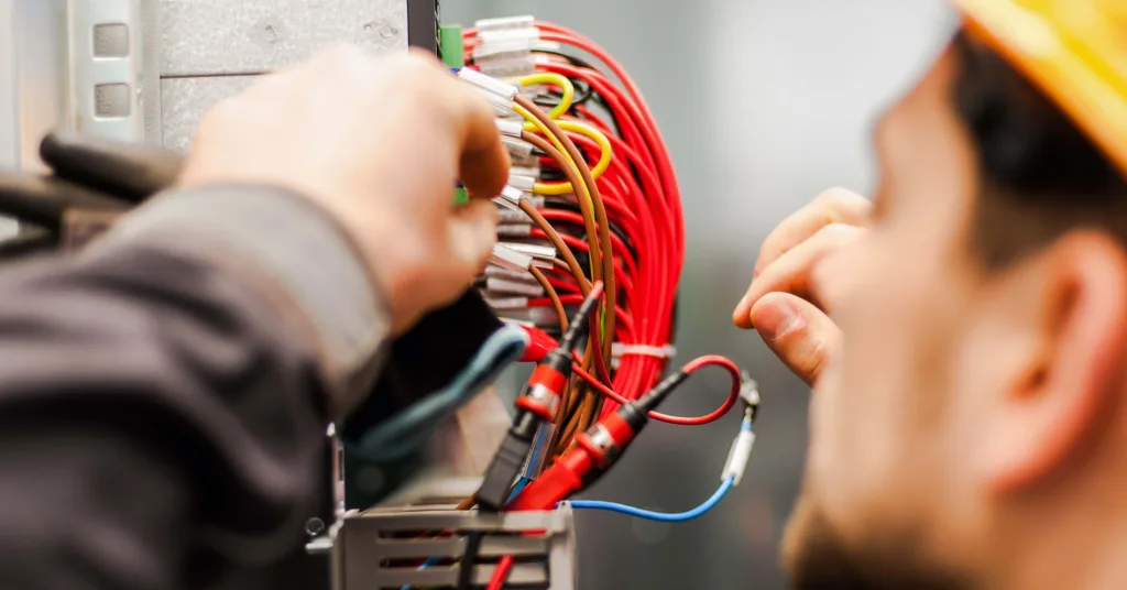 engineer fixing many red cables in single box