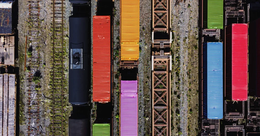 colorful freight trains from above