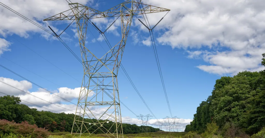 pylons across rural woodland landscape