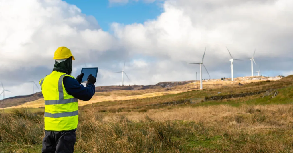 engineer in field with industrial wind turbines checking tablet