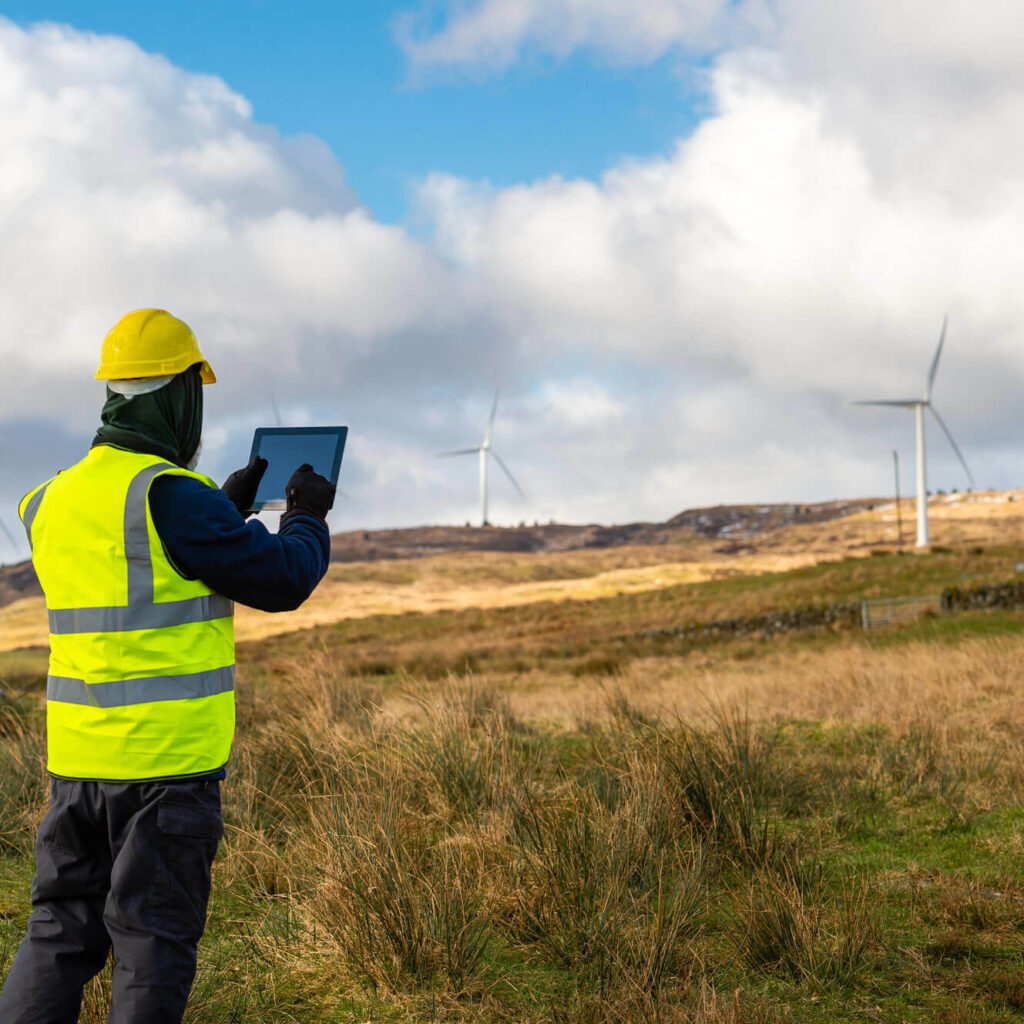 engineer in field with industrial wind turbines checking tablet