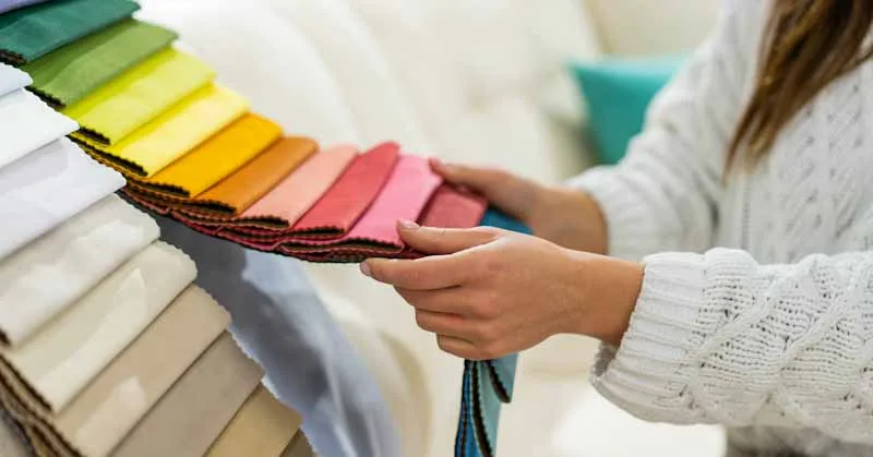 A female shopper looking at material color samples in-store