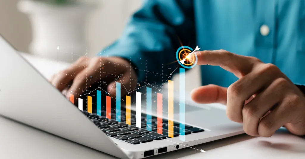 usinessman analyzing company's financial balance sheet working with digital augmented reality graphics. Businessman calculates financial data for long-term investment.