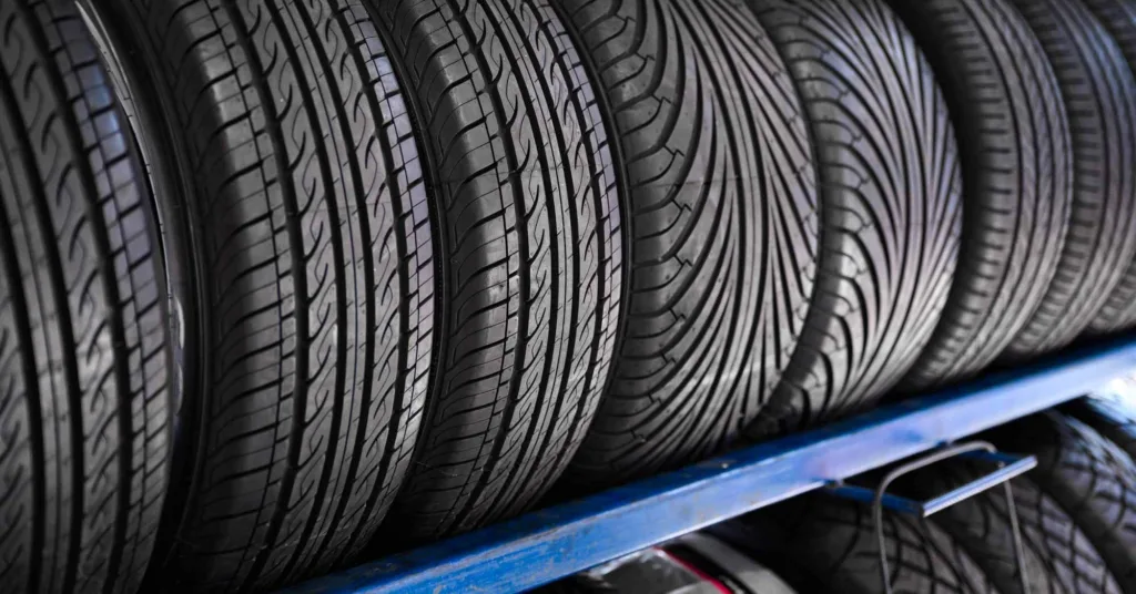 Tires in a rack in a warehouse