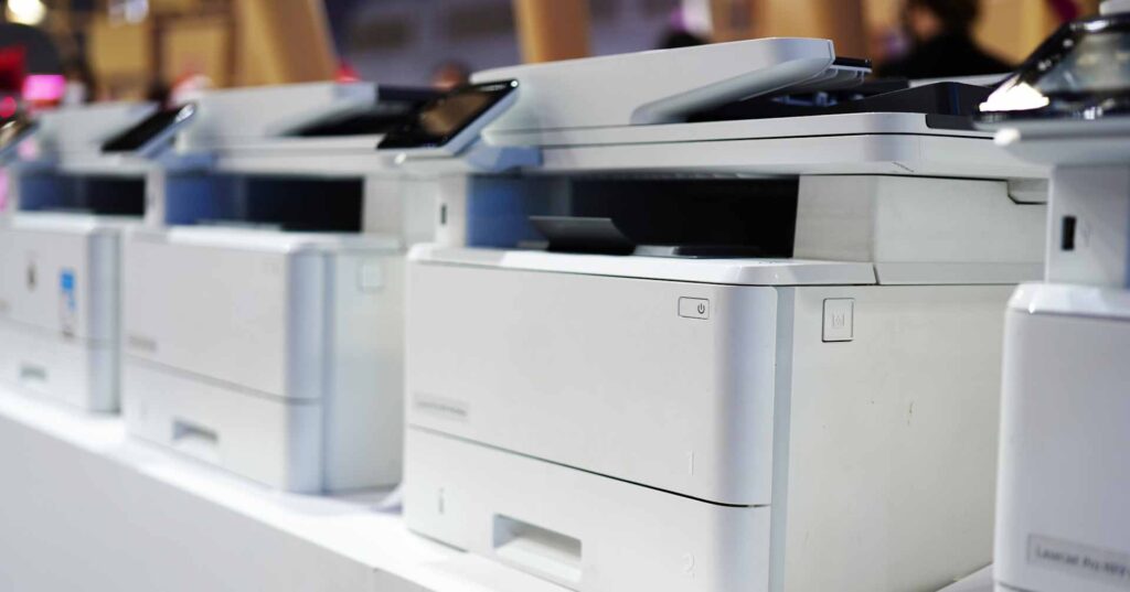 printer-copiers lined up in electronics store