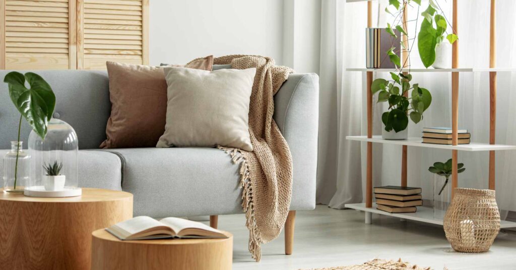 Shot of furniture store showing modern living room in natural, botanical style