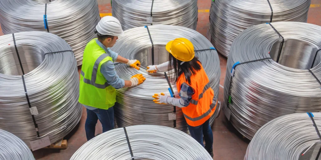industrial workers checking steel wire coils manufacturing factory