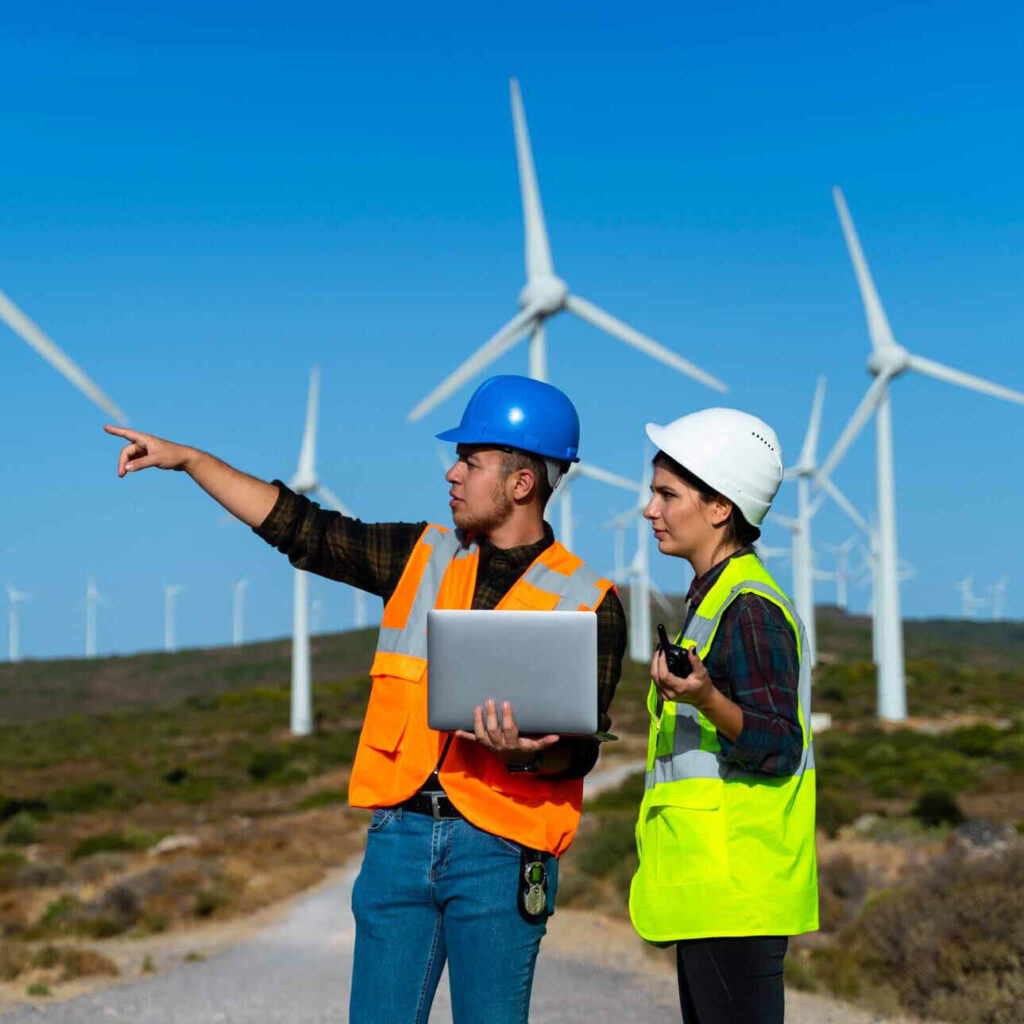 two maintenance workers on a field of windmills