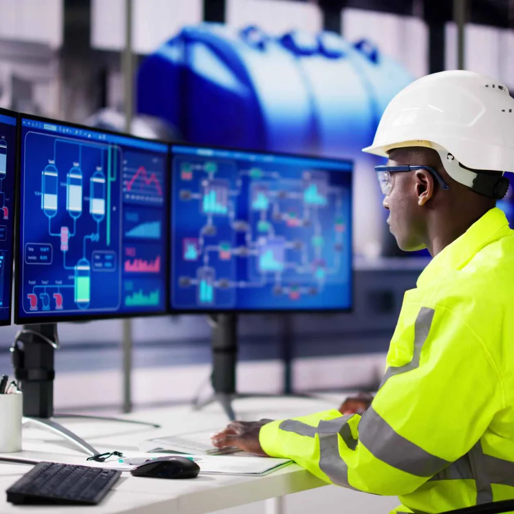 engineer checking product data in manufacturing plant