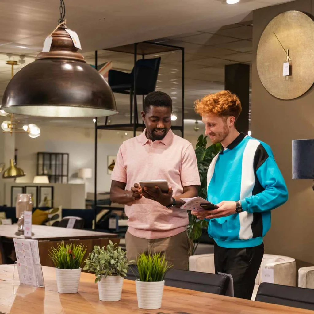 two men discussing options on tablet in furniture store