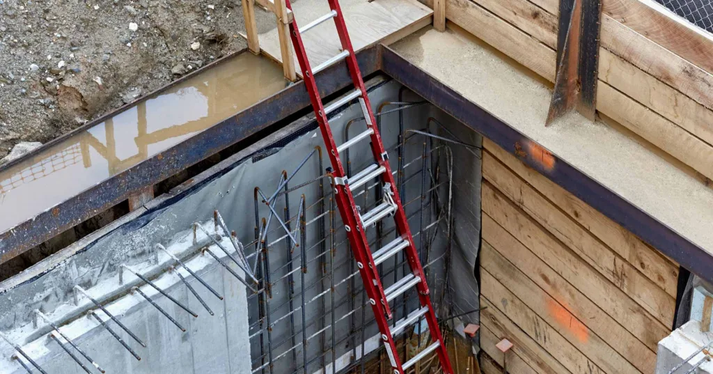 Cement basement foundation walls with rebar and steel reinforcements with ladder