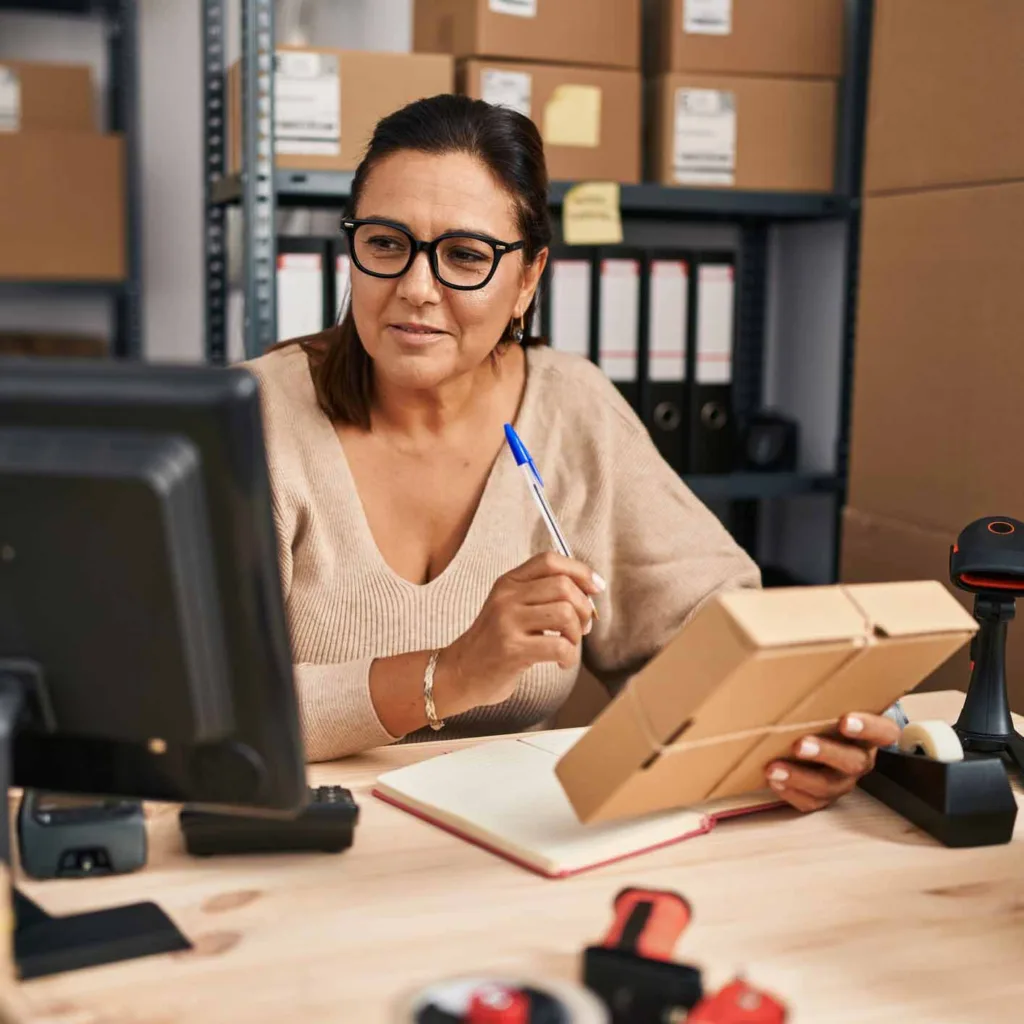 Middle age hispanic woman ecommerce business worker writing on notebook holding package at office