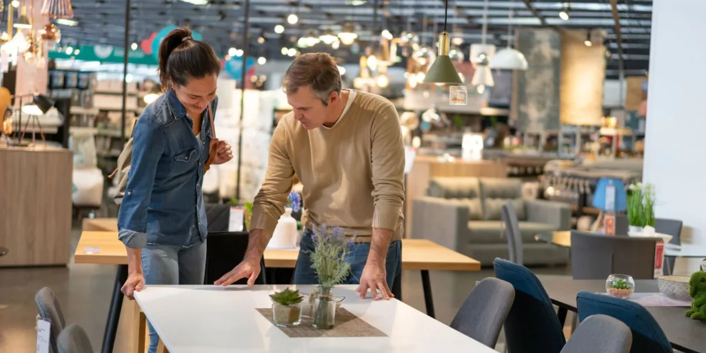 Happy adult couple at a furniture store looking at dining tables 