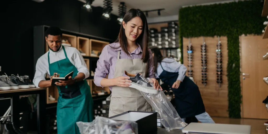 saleswoman packs black sneakers into a box