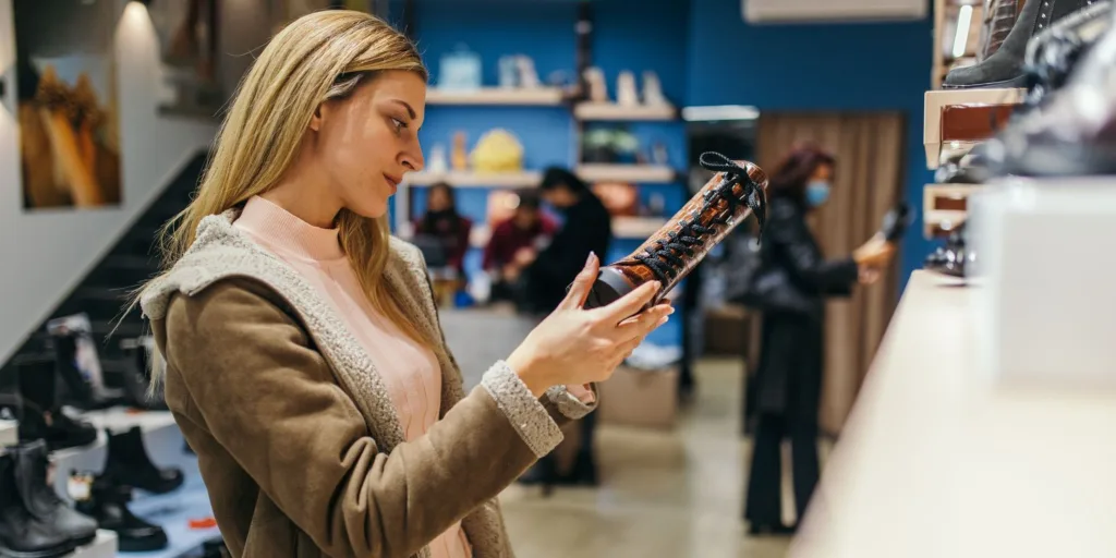 woman shopping for shoes in shoe retail store 