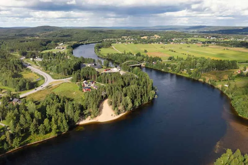 drone shot of a river in Sweden