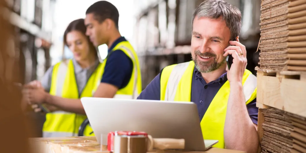 warehouse manager using smartphone while looking at laptop