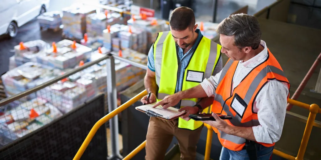 two male warehouse employees checking shipping schedule