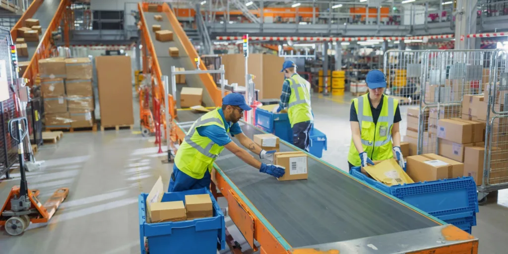 busy warehouse employees sorting packages