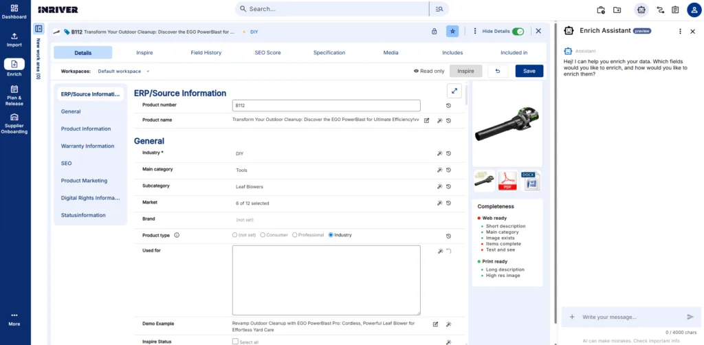 Inriver enrichment assistant AI screen